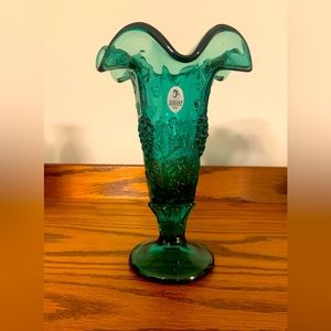Green Fenton Glass 7.5” Vase Raised Fruit Pattern